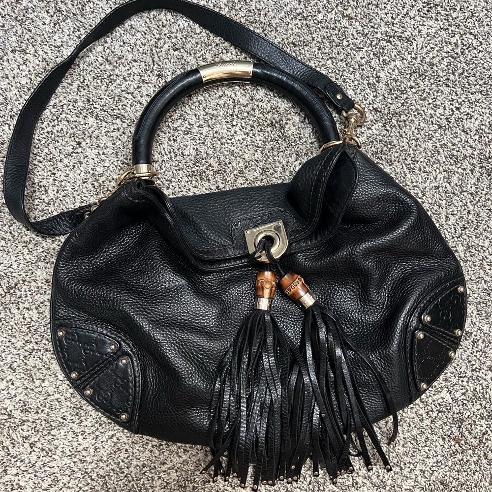 GUCCI Black Leather ‘Indy’ Top Handle Hobo